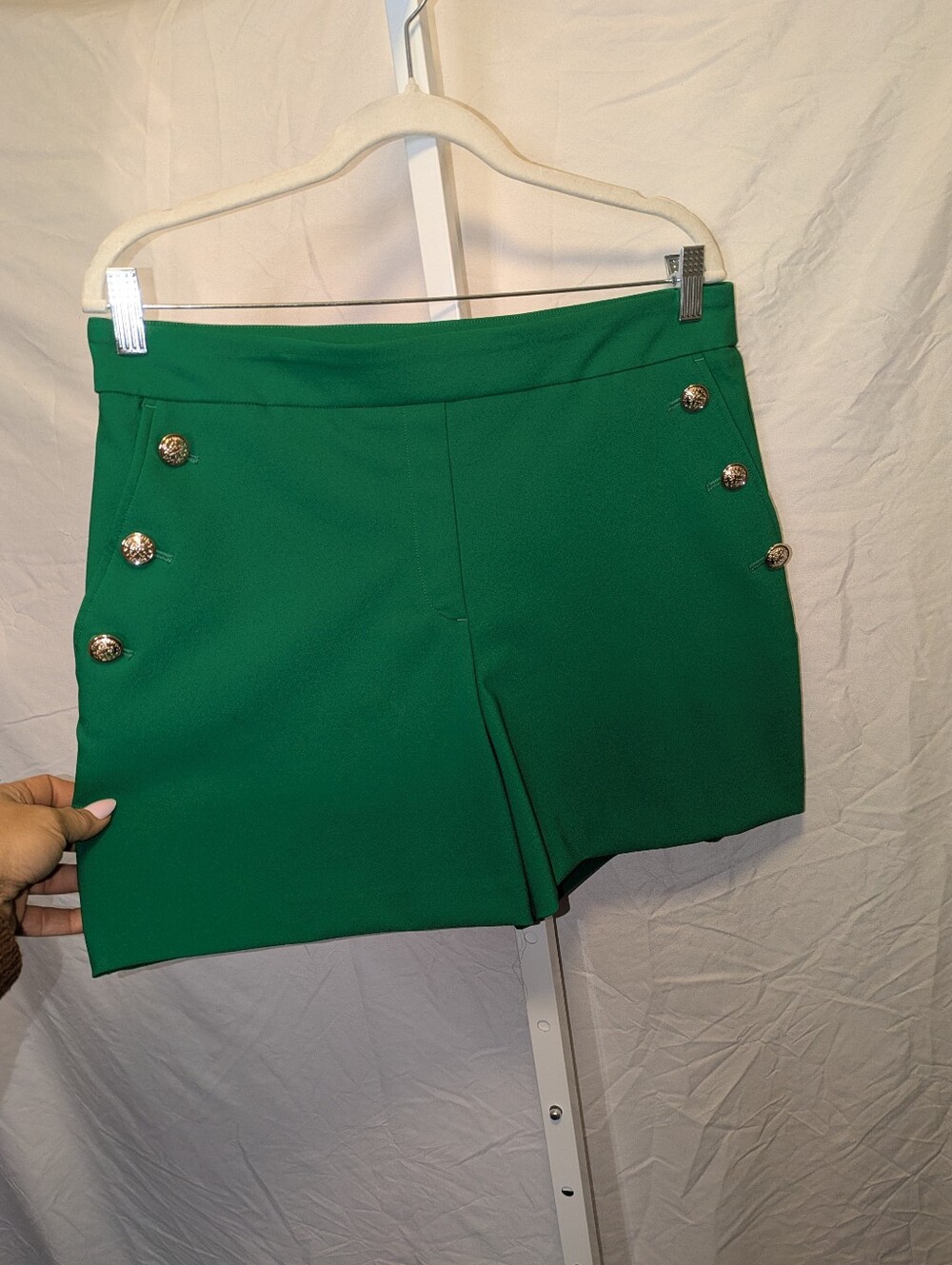 Rachel Zoe Green High Rise Sailor Shorts Gold Crest Buttons Size 12
